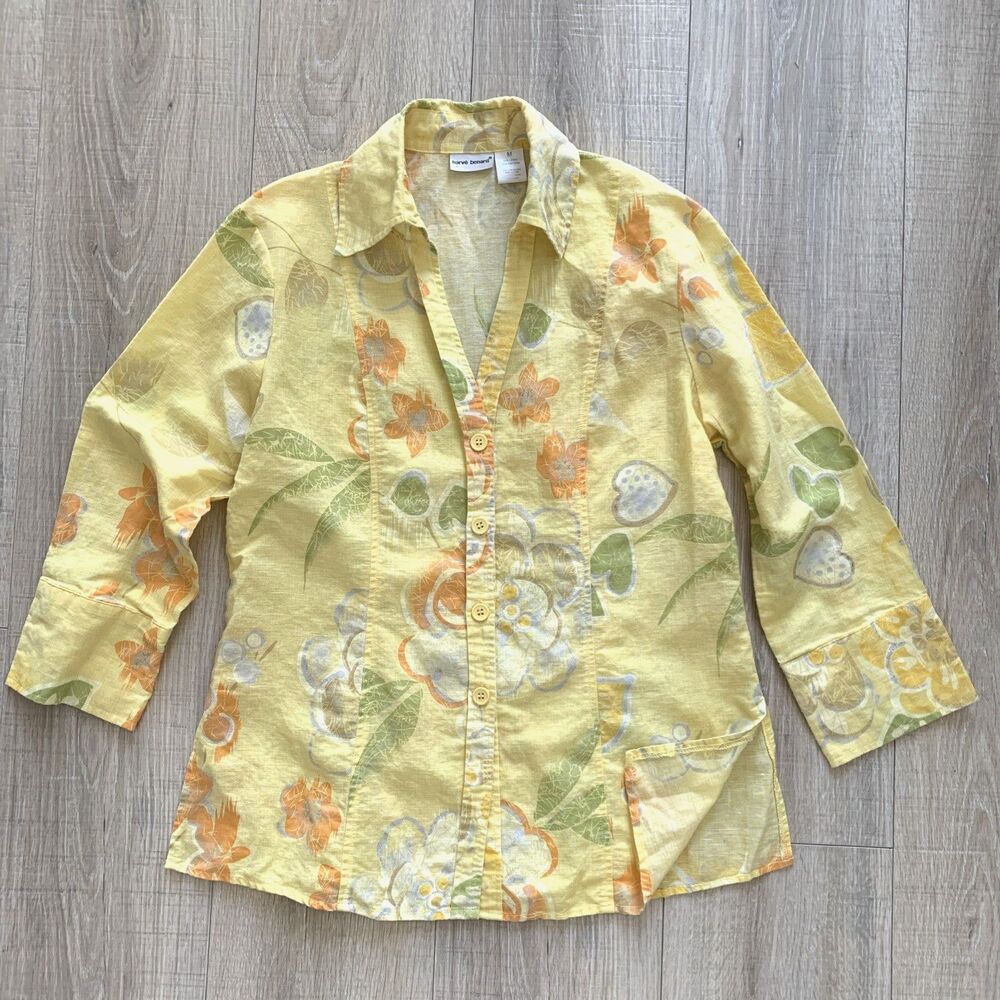 Harve Benard Linen Cotton Button Front Yellow Floral Shirt Women M
